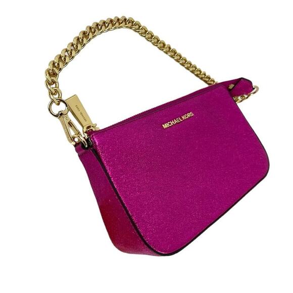 Michael Kors Jet Set Travel Metallic Hot Pink Gold Chain Pochette Bag Purse - Picture 16 of 16